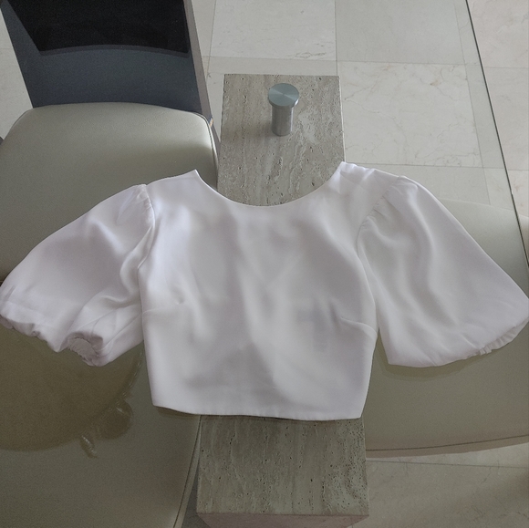 Lulus Subtle Flirt Ivory Puff Sleeve Lace-Up Crop Top - Small - Picture 5 of 6